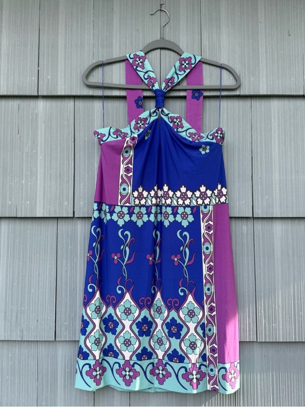 Donna Morgan Halter Dress, Blue & Purple Print, Knee Length, Women's Size 10